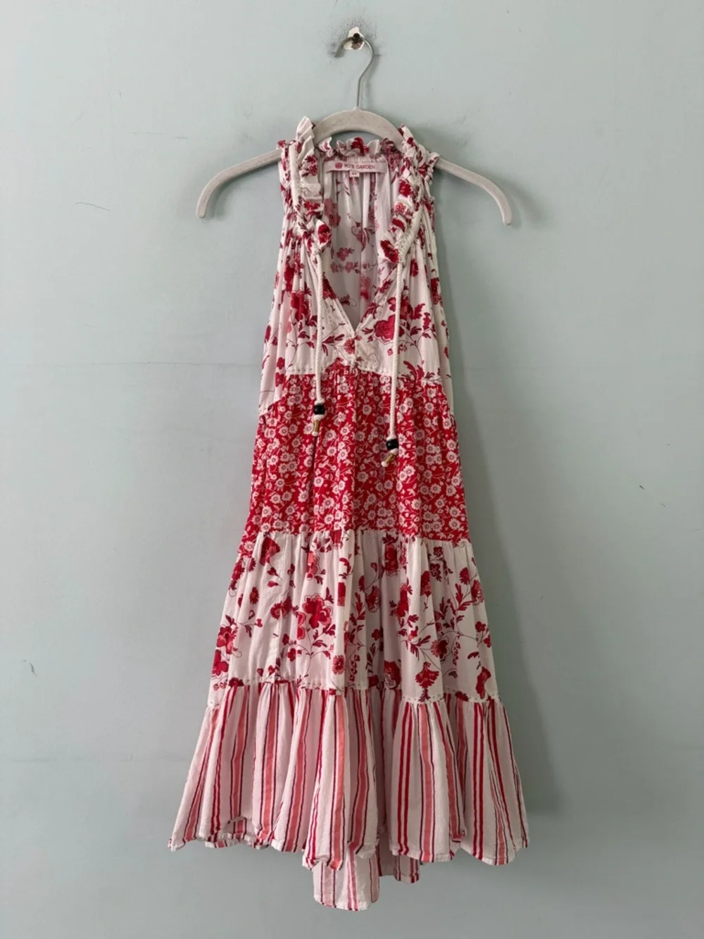 Ro’s Garden Anthro Sofia Red White Floral Sleeveless Tiered Boho Mini Dress - Picture 2 of 6